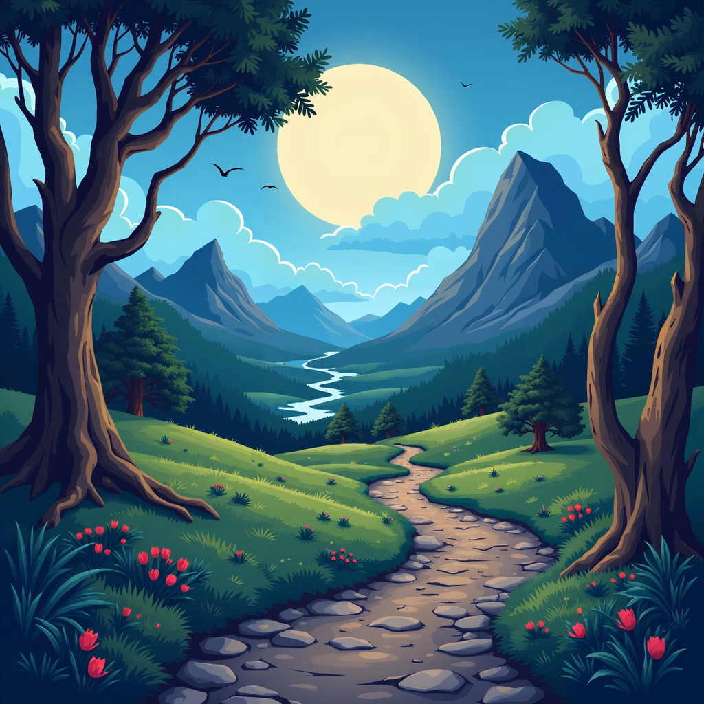 A peaceful mountain path surrounded by nature under a radiant sun.