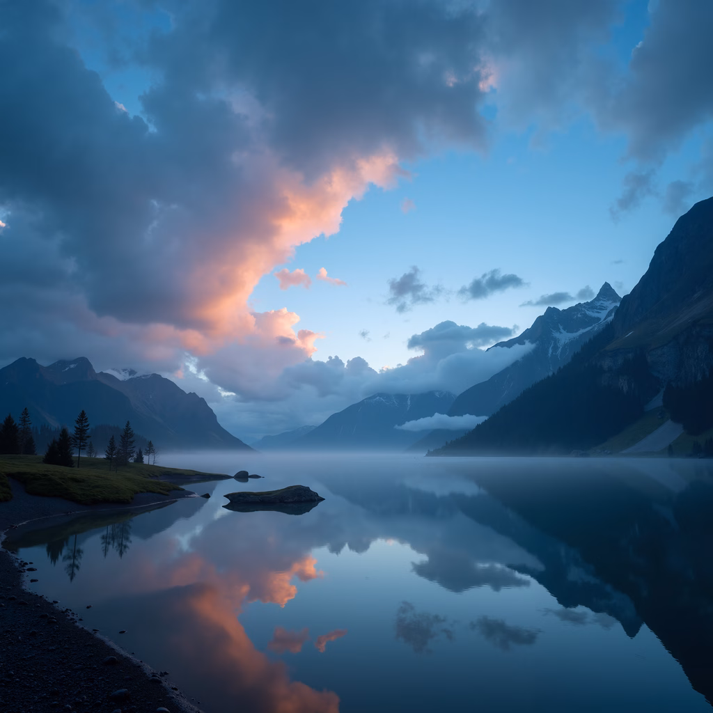 A breathtaking dawn scene with mountains reflected in a serene lake.