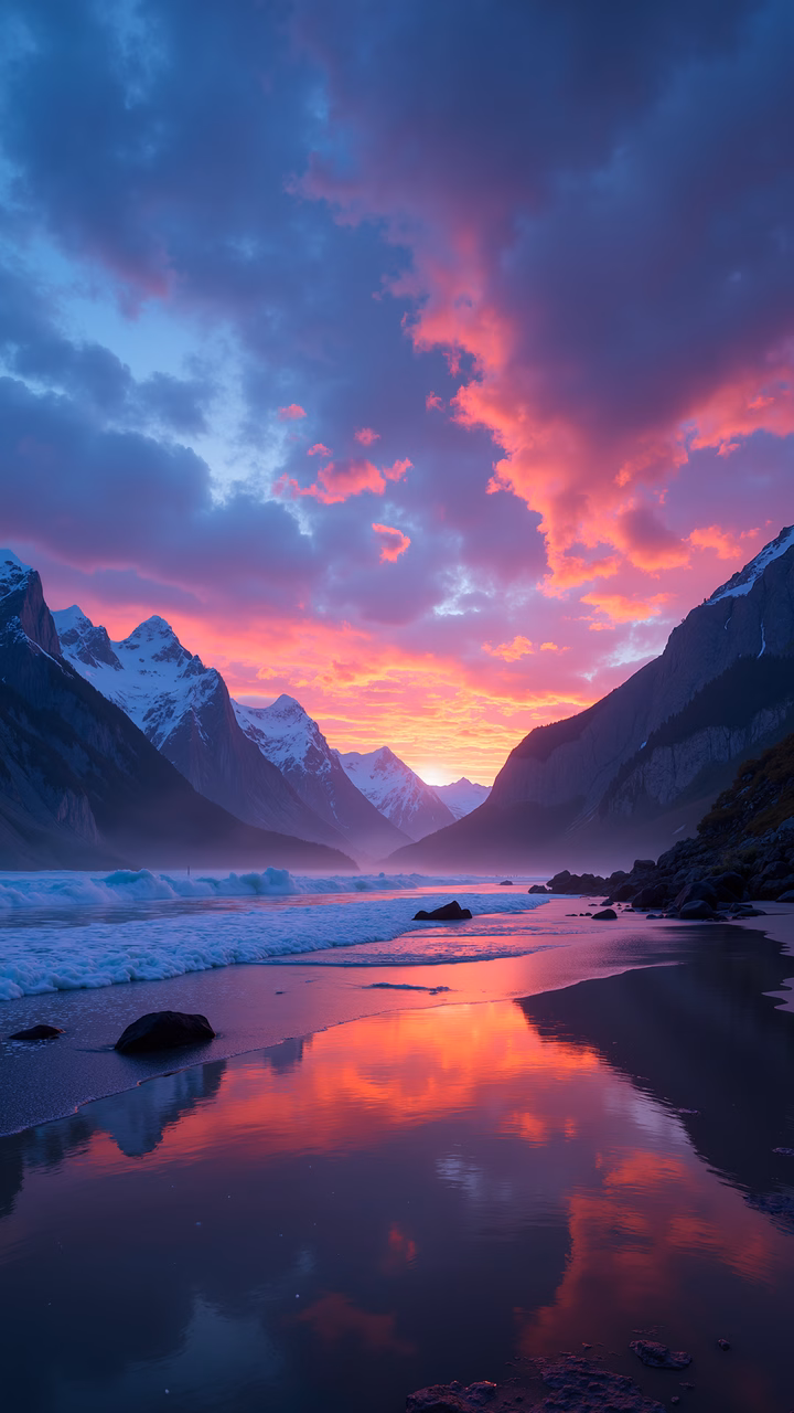 A stunning sunset with colorful reflections on a peaceful beach and majestic mountains.