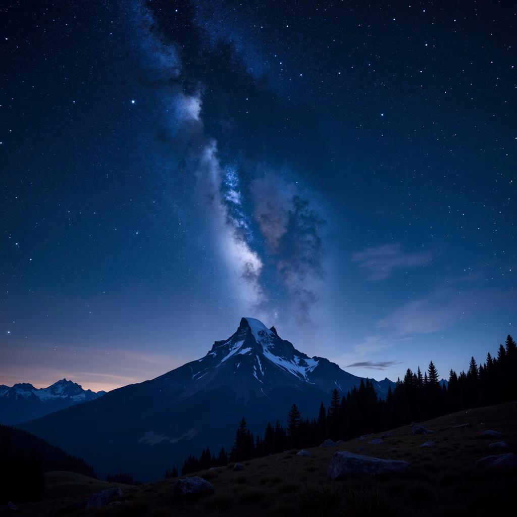 A stunning night landscape featuring a snow-capped mountain under the Milky Way.