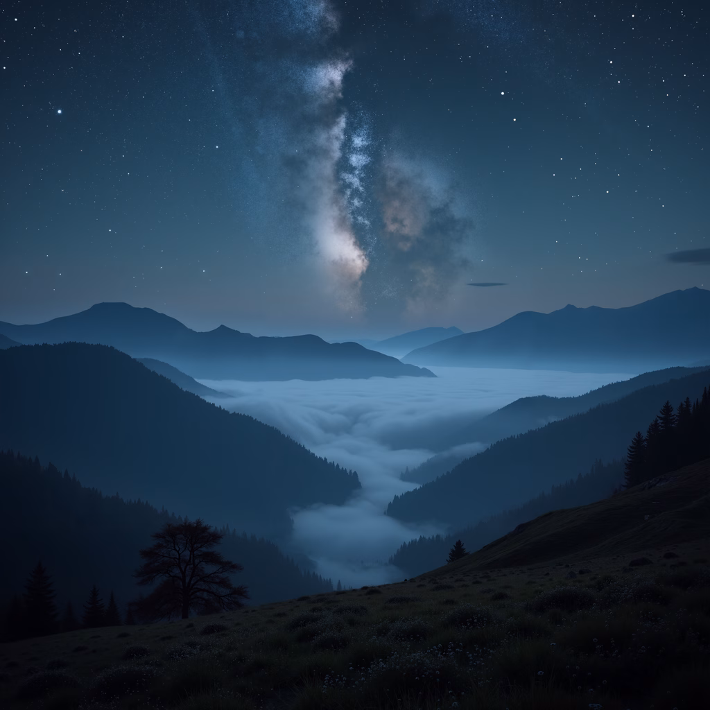 A lone tree stands amidst a misty mountain valley under a starlit sky, evoking a sense of peace and wonder.