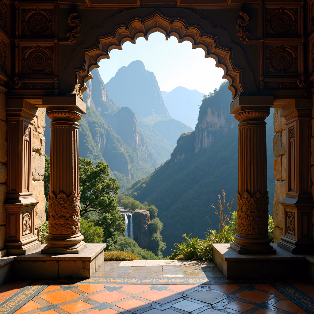 Ornate archway frames a picturesque mountain landscape with a waterfall and lush greenery.