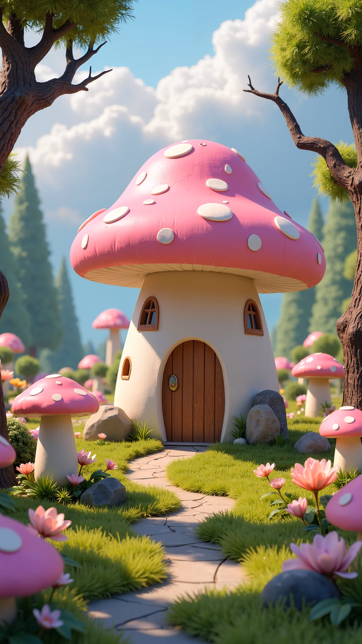 A delightful fairy tale mushroom cottage in a lush forest setting.