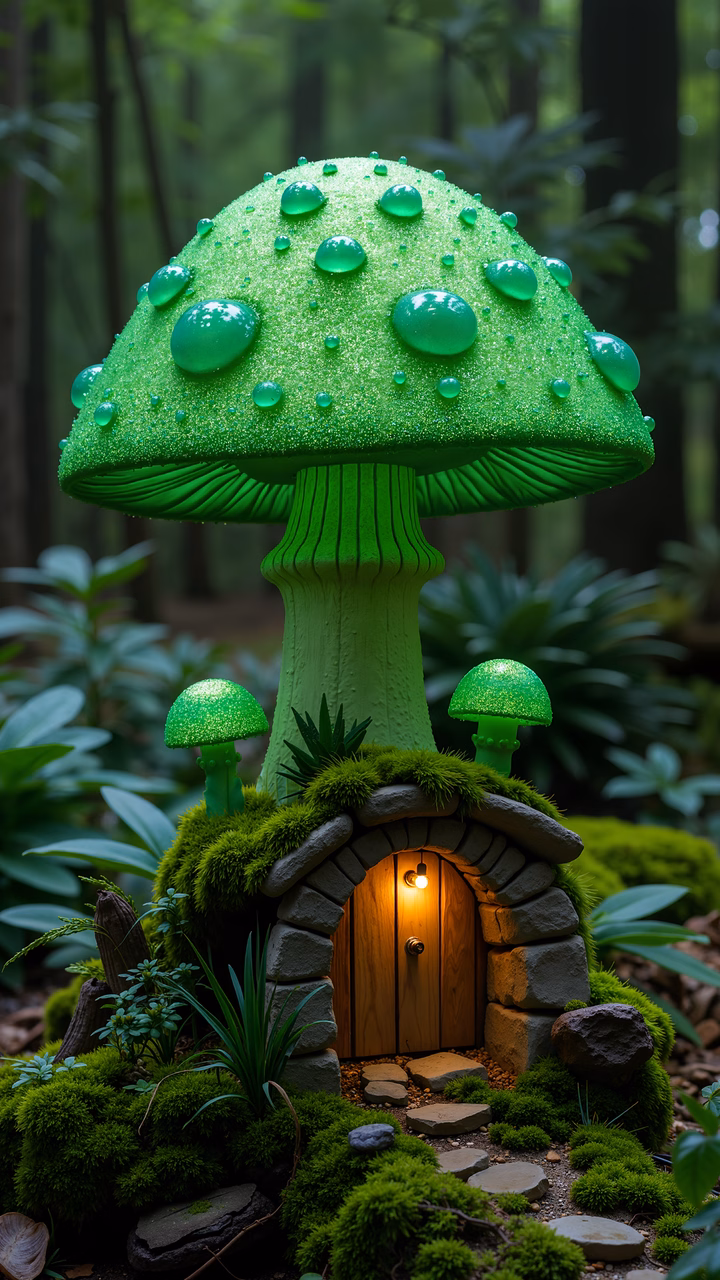 A glowing mushroom cottage in a mystical forest setting.