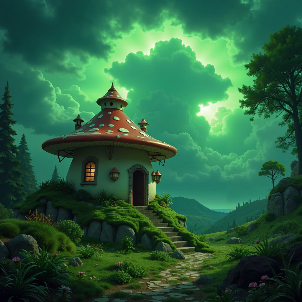 Whimsical mushroom house in a lush green forest, evoking a sense of fantasy and tranquility.