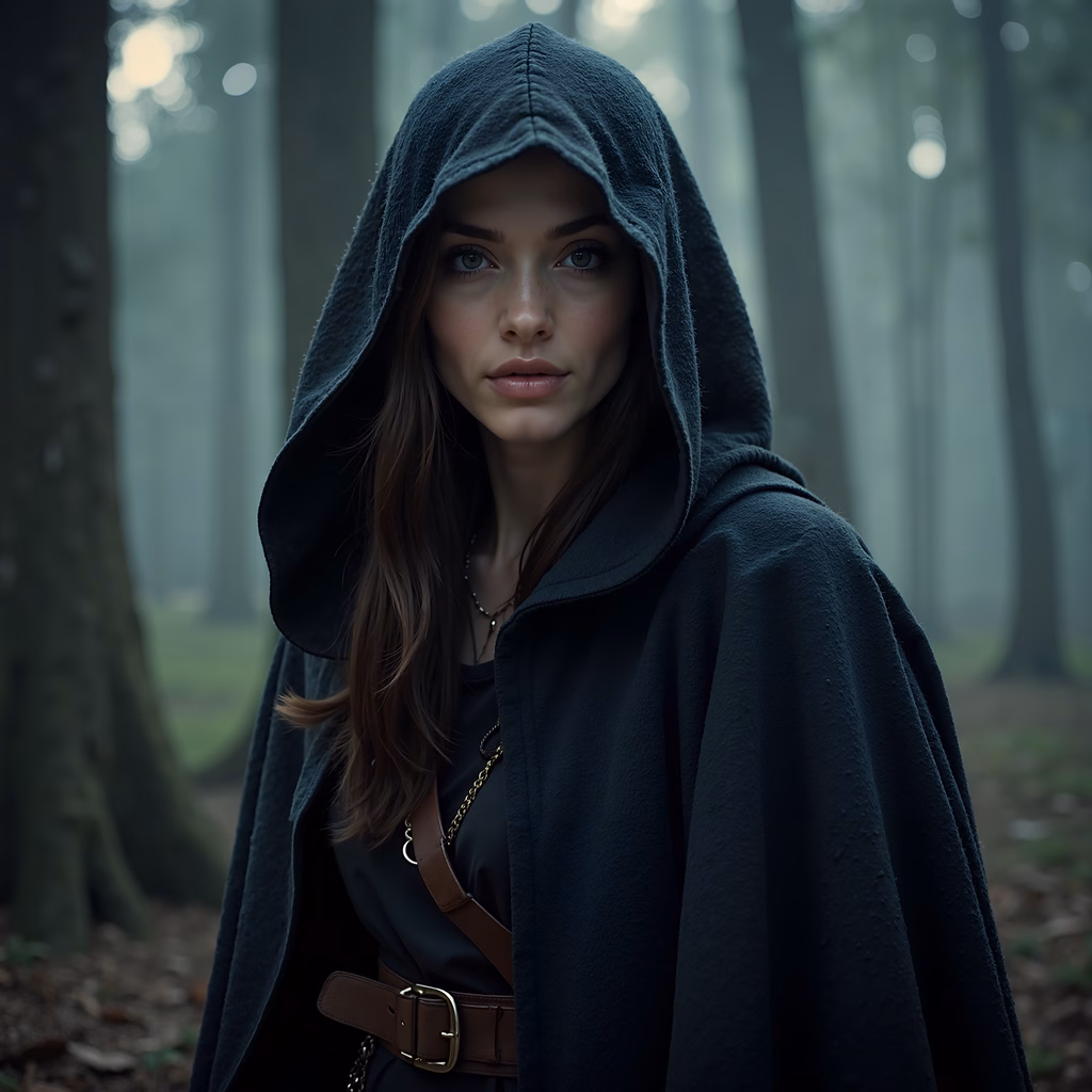 Mysterious hooded figure in a misty forest, evoking a sense of introspection and connection with nature.