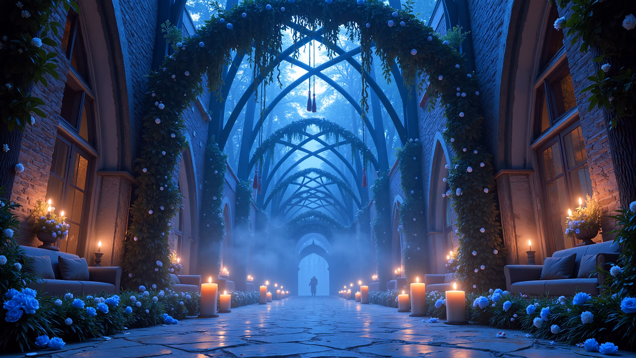 Enchanting archway with candles and flowers, fantasy art
