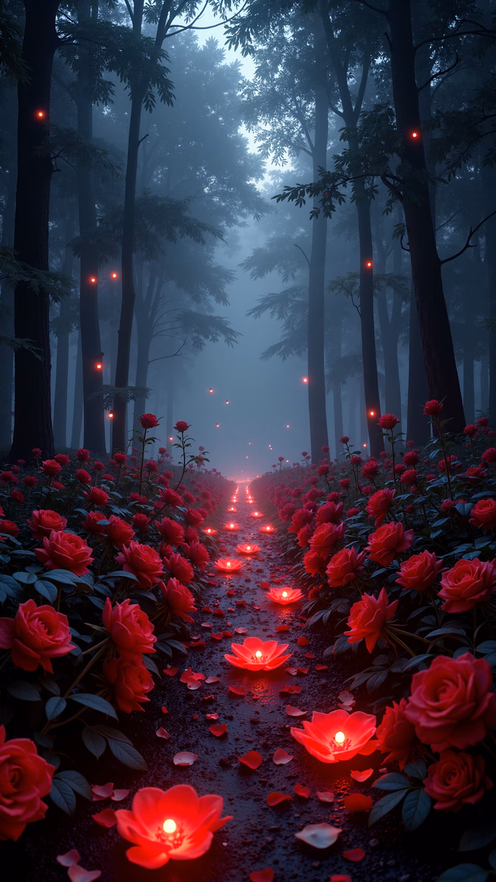 A mystical forest pathway illuminated by glowing lanterns amidst red roses and misty surroundings.