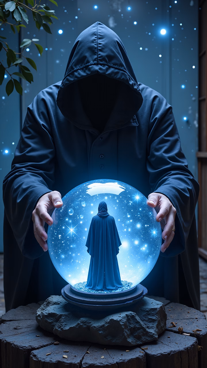 Mystical figure holding glowing snowglobe with smaller figure inside, evoking wonder and enchantment.