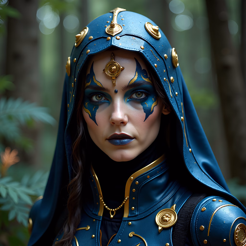 A mystical warrior in blue and gold armor amidst a forest setting.
