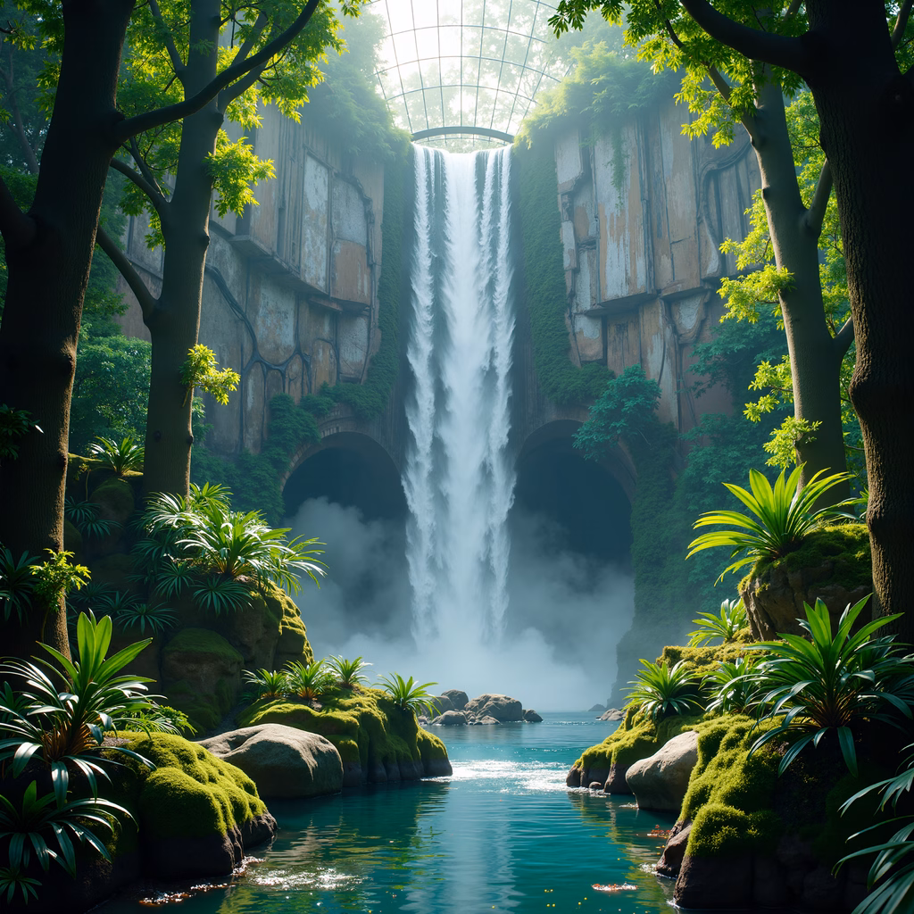 Enchanting mystical waterfall amidst lush greenery and ancient stone structures.