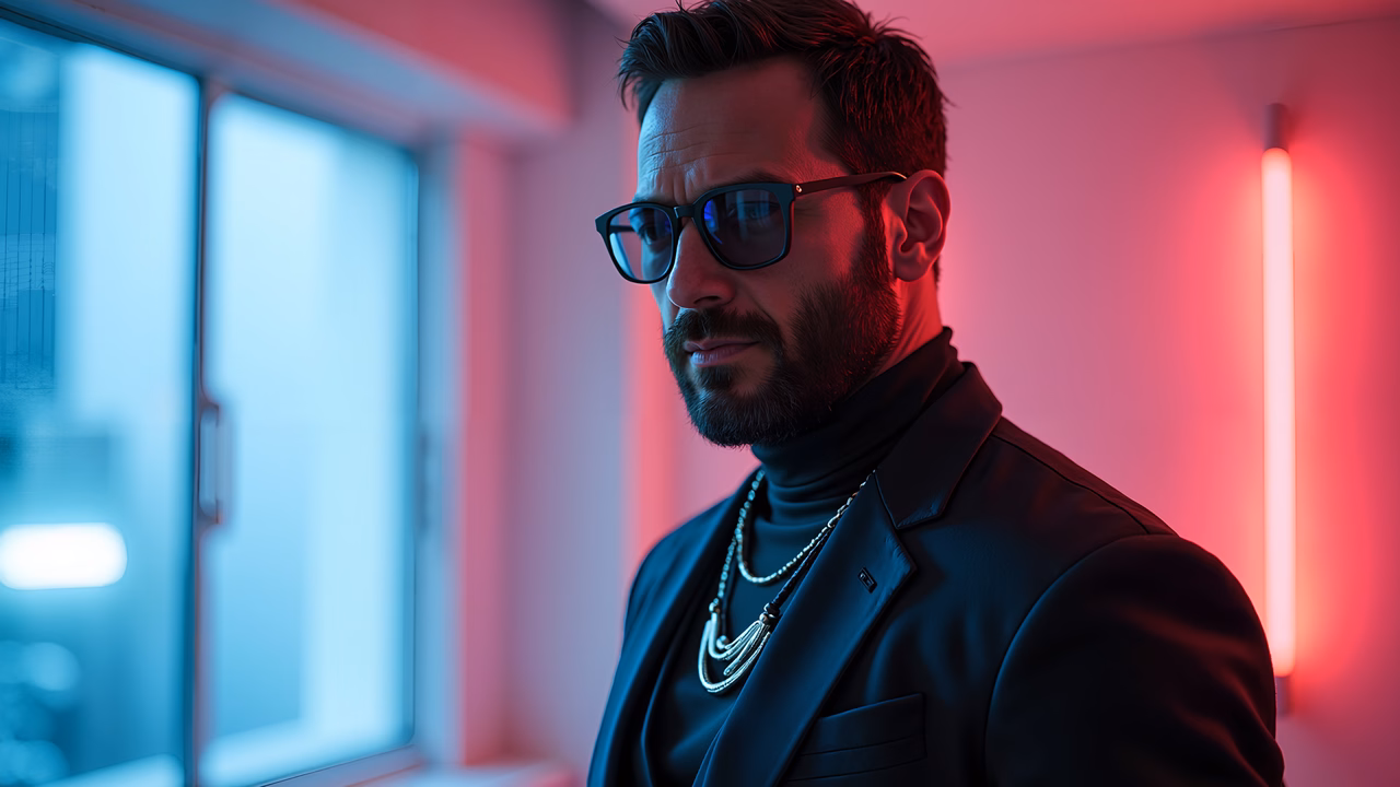 A stylish man in a neon-lit environment, exuding confidence and modernity.