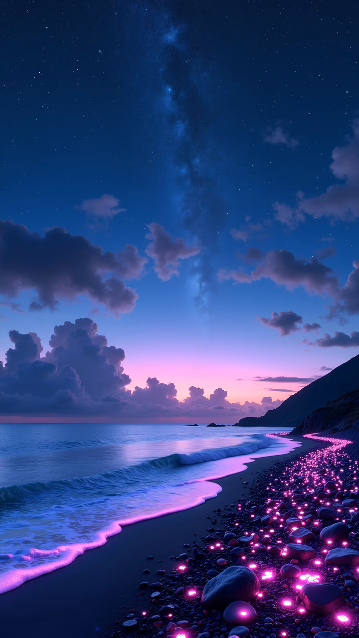 A mesmerizing night beach scene with glowing stones and a starry sky.