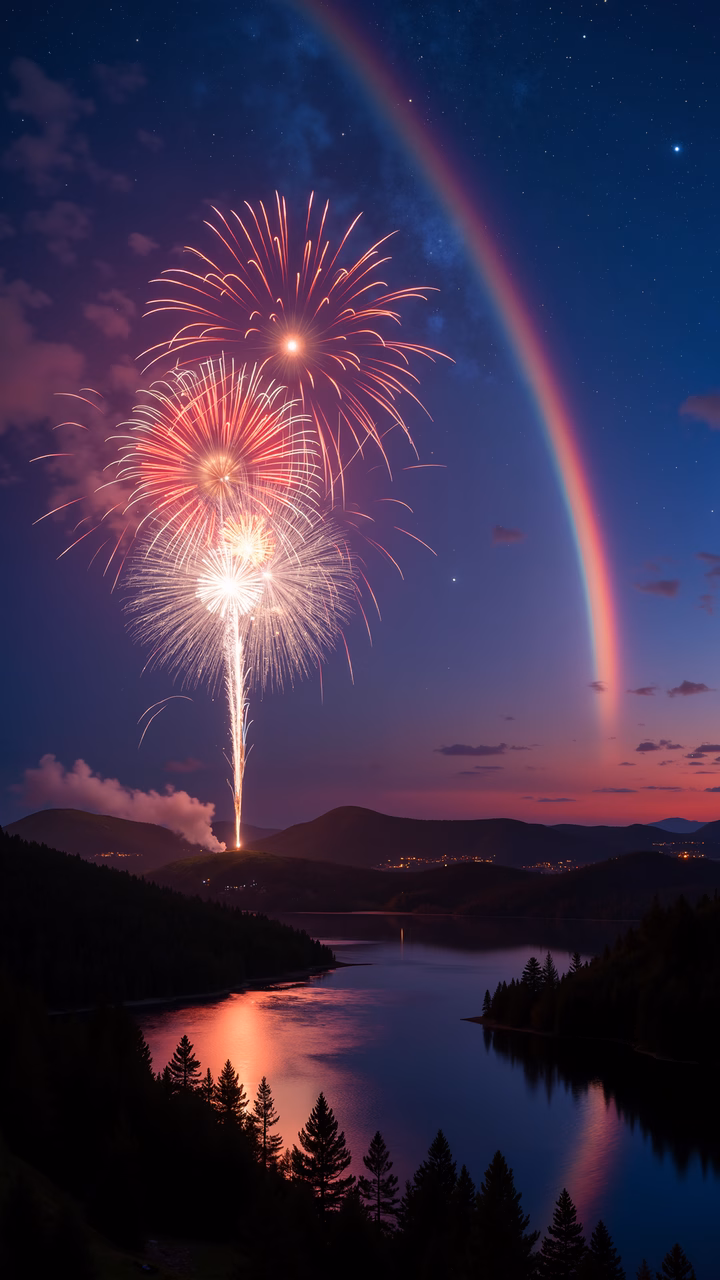 Vibrant fireworks and a rainbow over a tranquil lake at night.