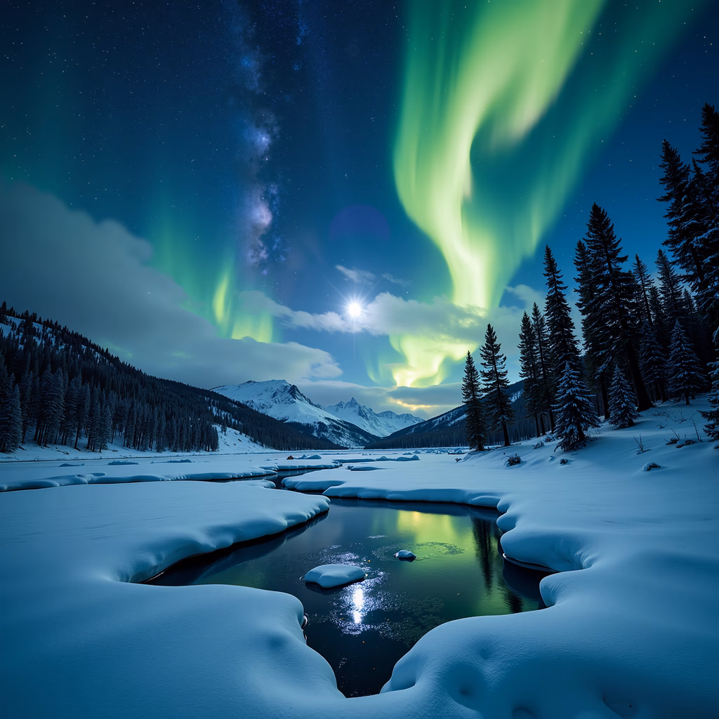 Northern Lights over snow-covered landscape with reflective water and serene atmosphere.