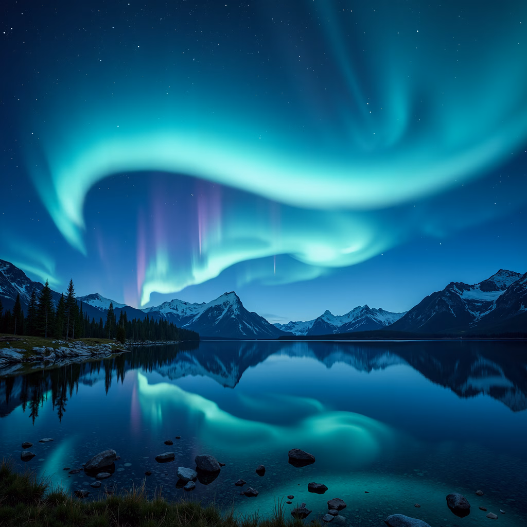 Northern Lights reflecting in a peaceful lake surrounded by snow-capped mountains.