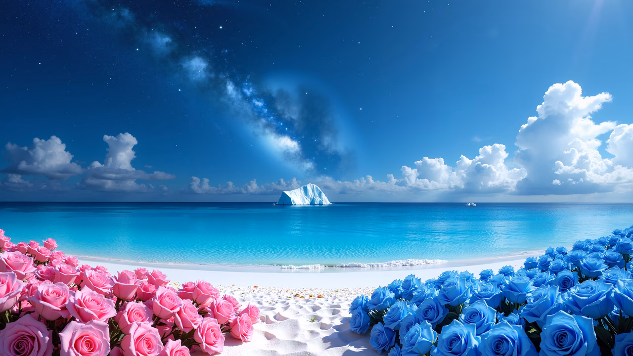 Surreal ocean dreamscape with contrasting roses and a floating iceberg.