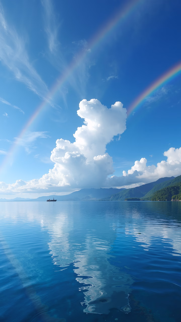 A breathtaking view of a calm ocean with a double rainbow and fluffy clouds.