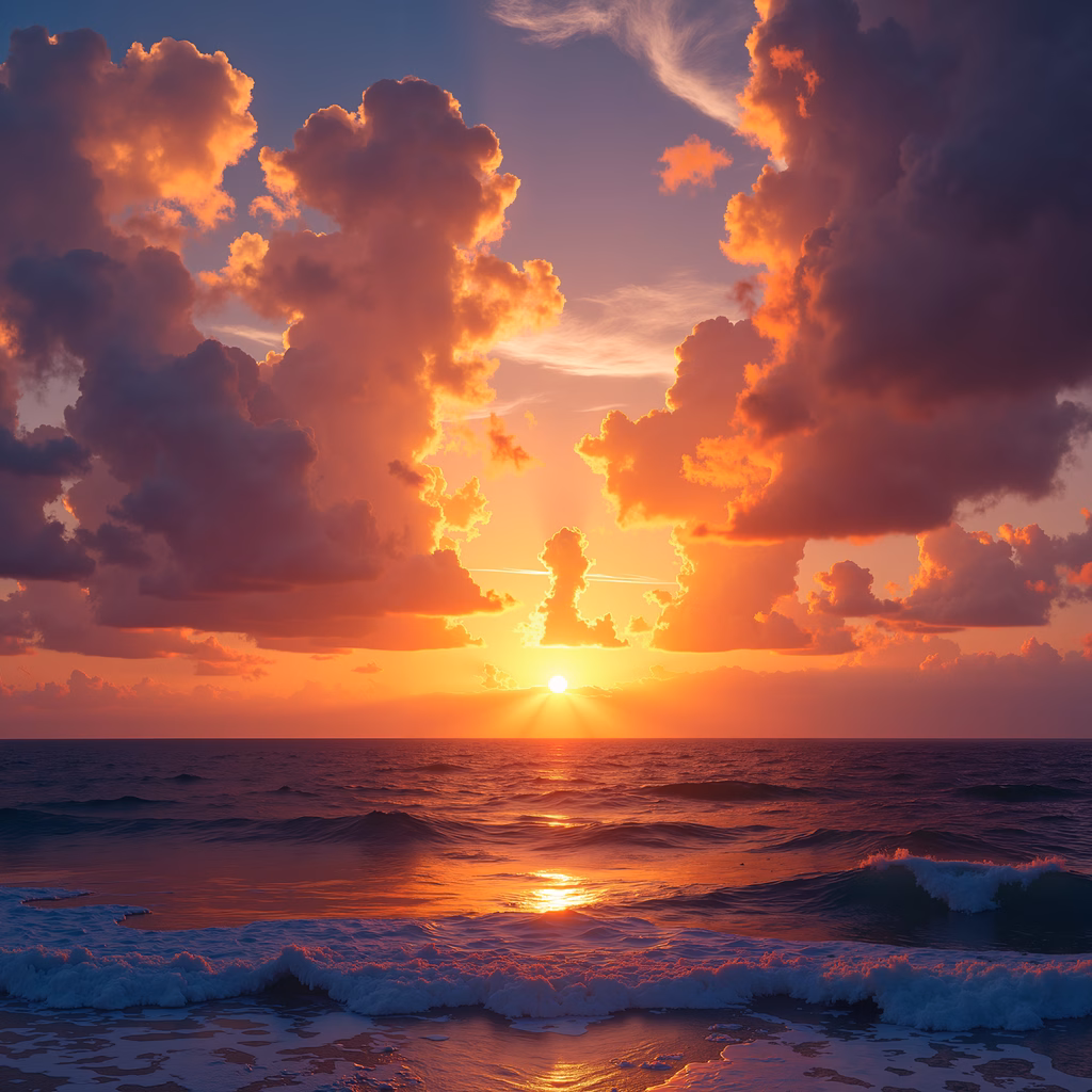 Serene ocean sunset with vibrant colors and gentle waves.