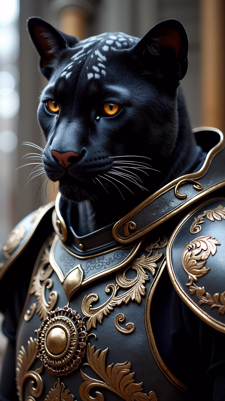 A regal panther in golden armor, symbolizing strength and nobility.