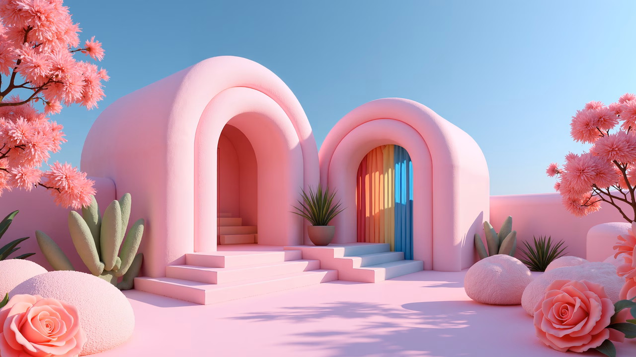 A pastel pink oasis with whimsical architecture and vibrant flora, creating a serene and joyful atmosphere.