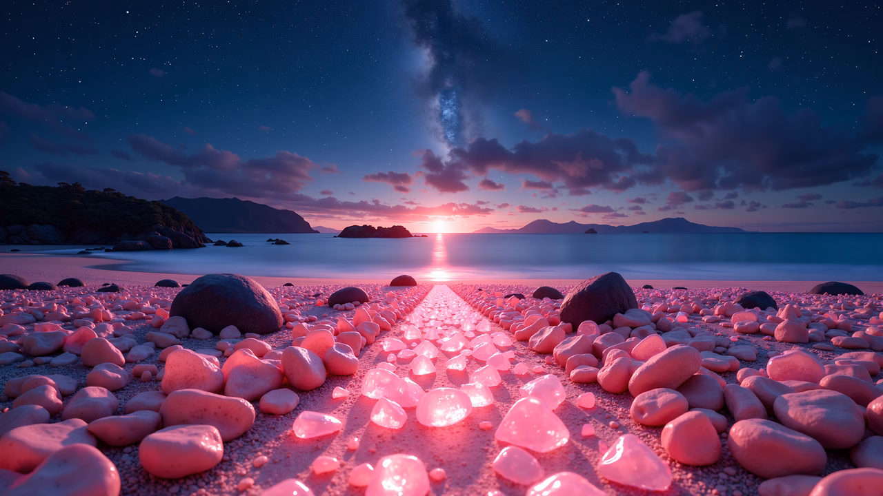 A magical pink-lit beach under a starry night sky.