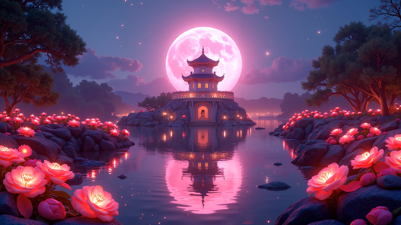 A glowing pink moon illuminates a tranquil pagoda surrounded by luminous flowers in a serene night landscape.
