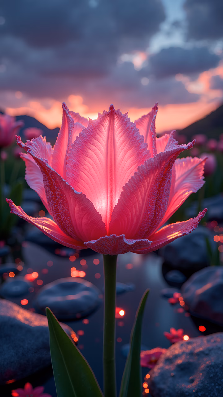 A delicate pink tulip illuminated by the warm glow of a sunset, evoking a sense of tranquility and beauty.