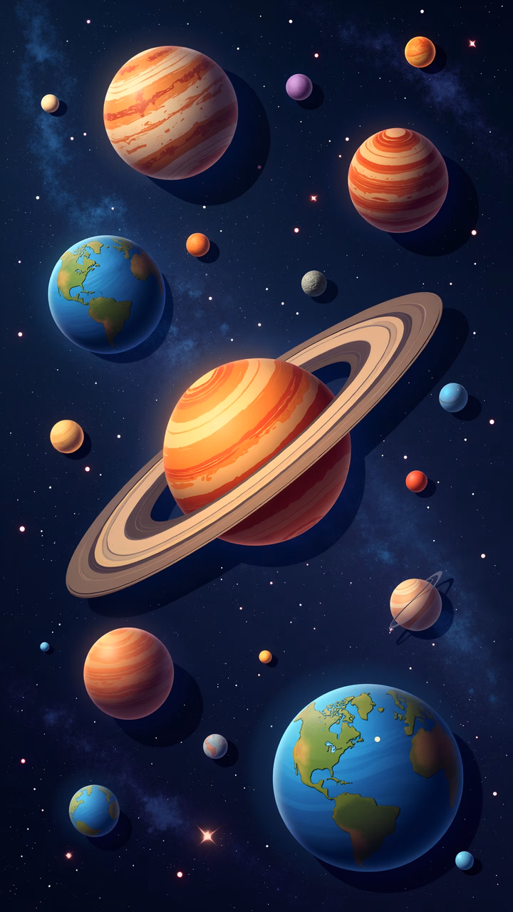Vibrant cosmic scene featuring detailed planets and a starry night sky.