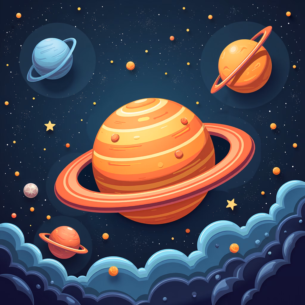 Whimsical space art with colorful planets and a starry night sky.