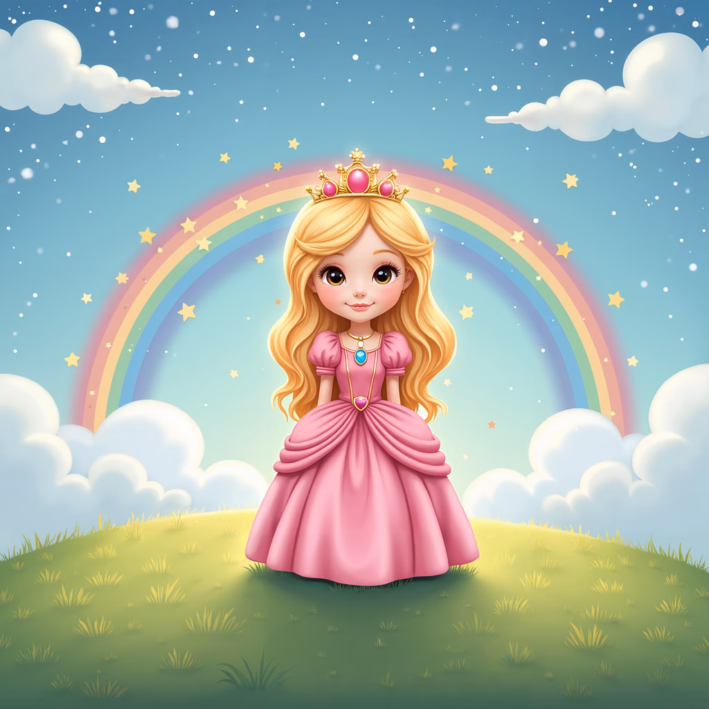 A princess in a pink dress under a rainbow, magical children's art.