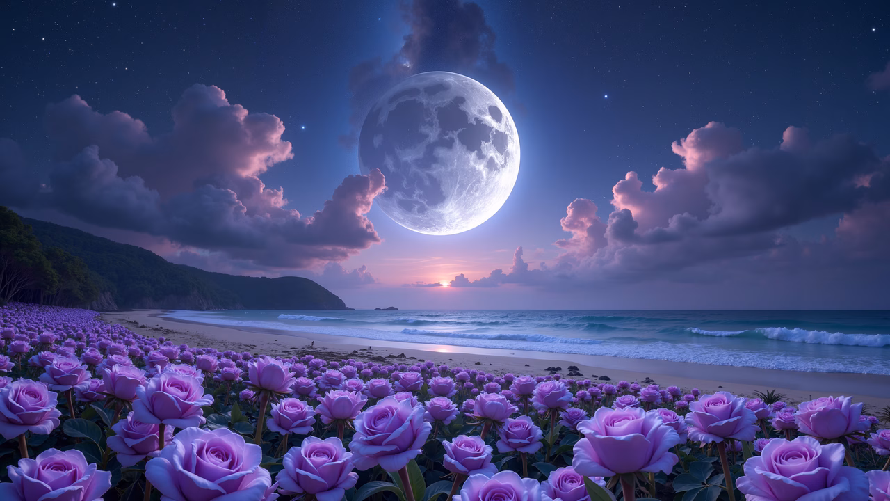 Moonlit beach with purple roses and dramatic clouds