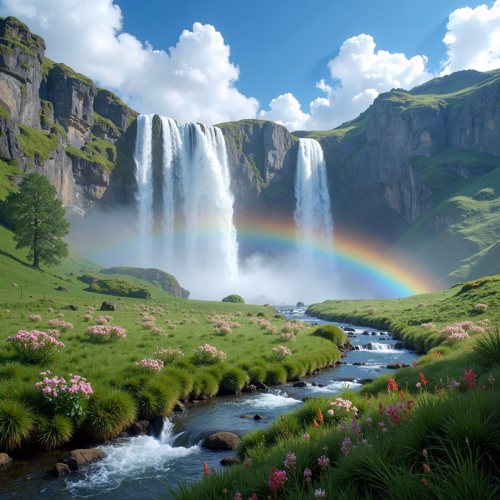 Magical Rainbow Falls in a Lush Landscape
