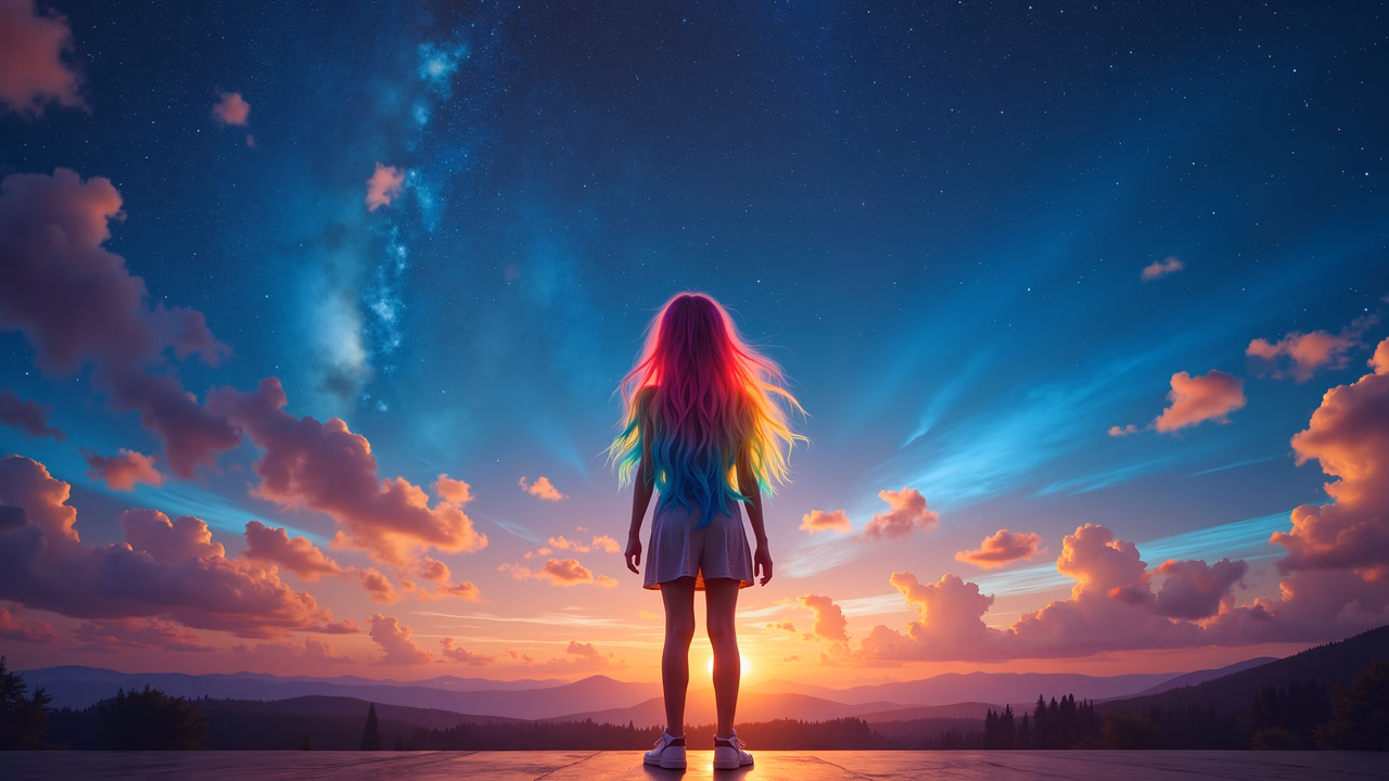 Girl with rainbow hair watching a colorful sunset over a mountainous landscape.
