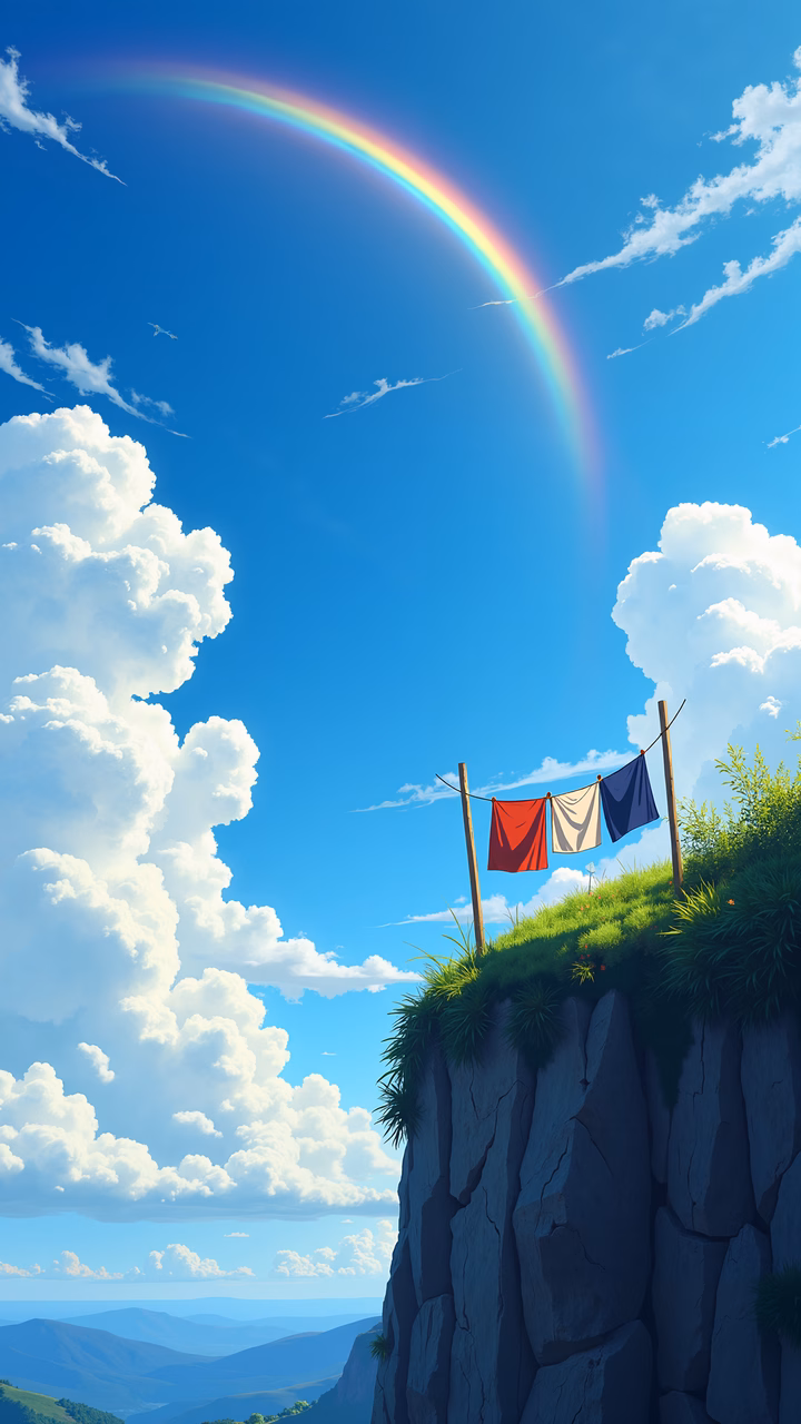 A peaceful landscape featuring a rainbow and laundry on a cliffside.