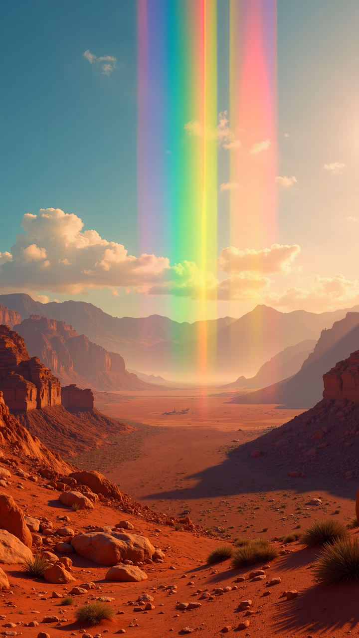 A rainbow over a desert landscape, blending natural beauty with surreal elements.