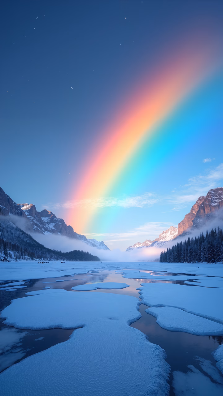 A stunning rainbow over a frozen lake, surrounded by snow-covered mountains under a starry night sky.