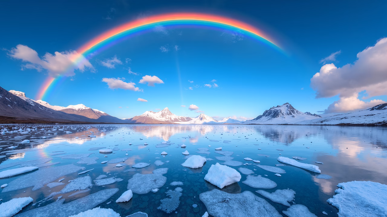A stunning rainbow over a frozen lake, surrounded by snow-capped mountains under a clear blue sky.