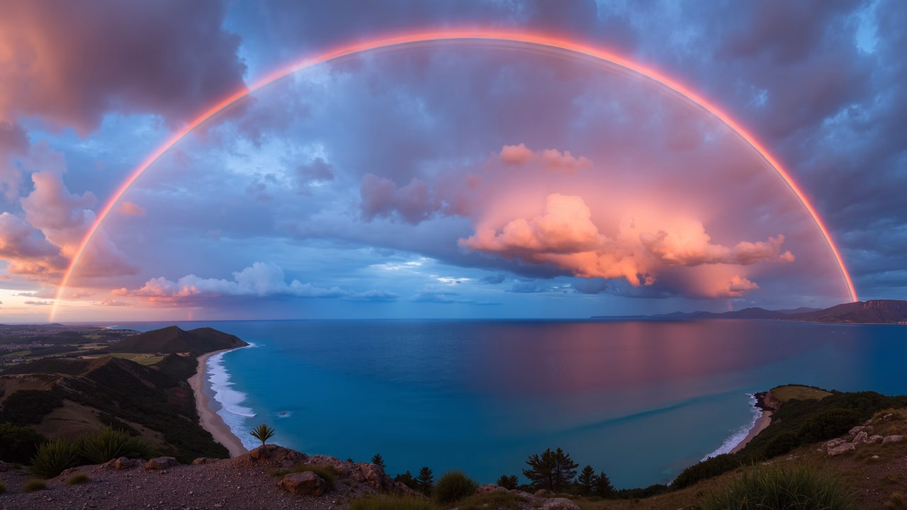 A stunning rainbow over a tranquil sea at sunset, capturing the beauty of nature.