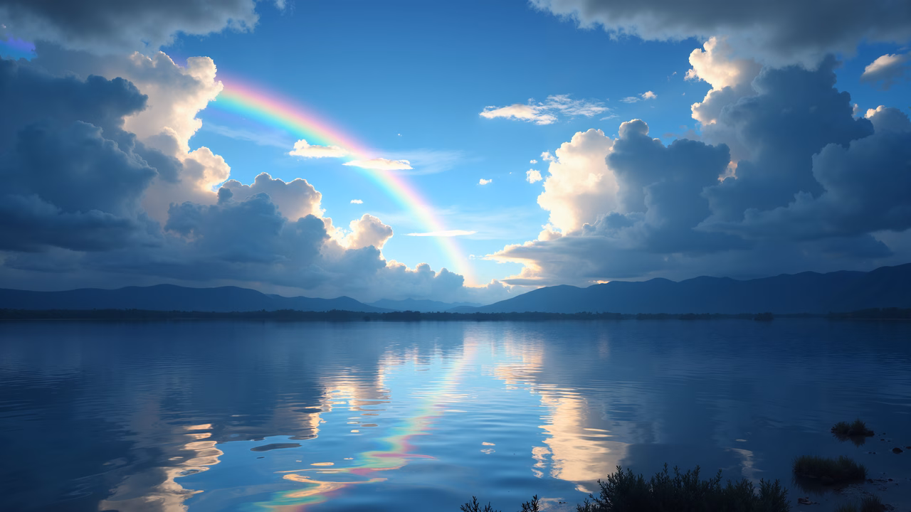 Vibrant rainbow over a calm lake, reflecting its colors on the water, surrounded by fluffy clouds and distant mountains.