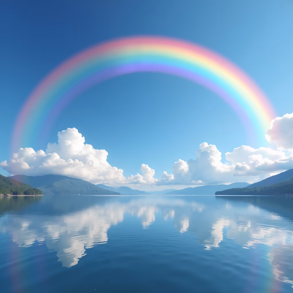 A rainbow mirrors over a calm lake under a clear blue sky, symbolizing hope and tranquility.