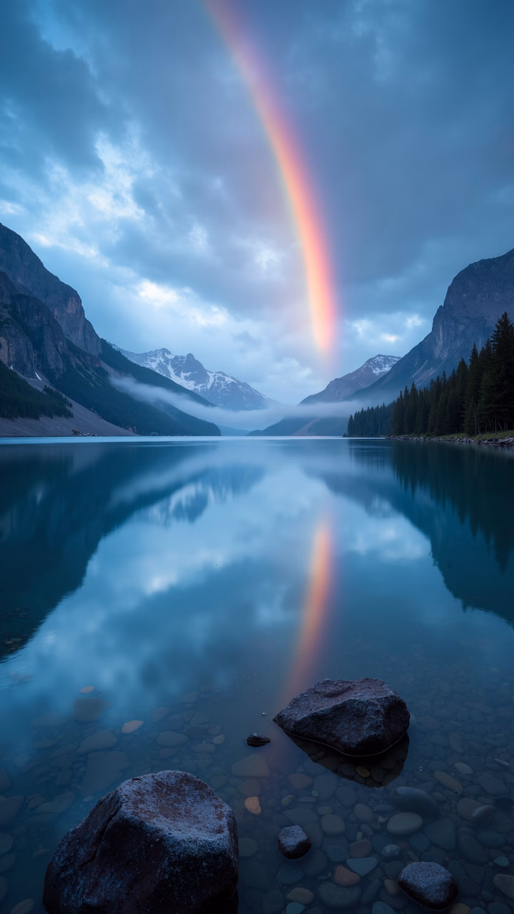 A rainbow mirrors over a tranquil lake surrounded by majestic mountains and dense forests.