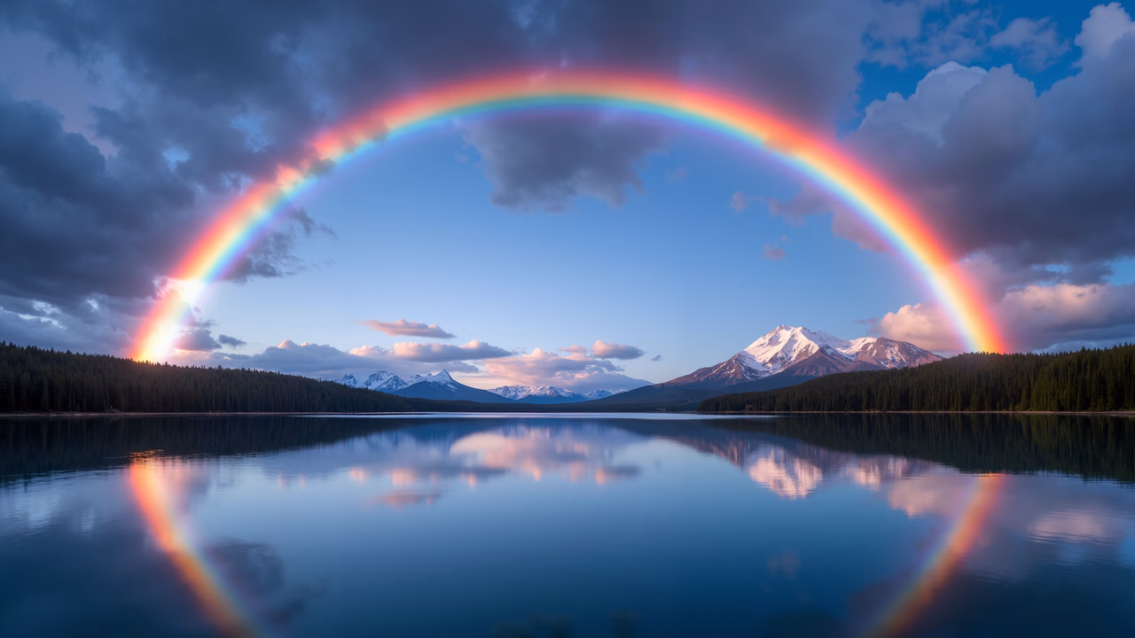 A stunning rainbow reflects over a tranquil lake, surrounded by snow-capped mountains and lush forests.