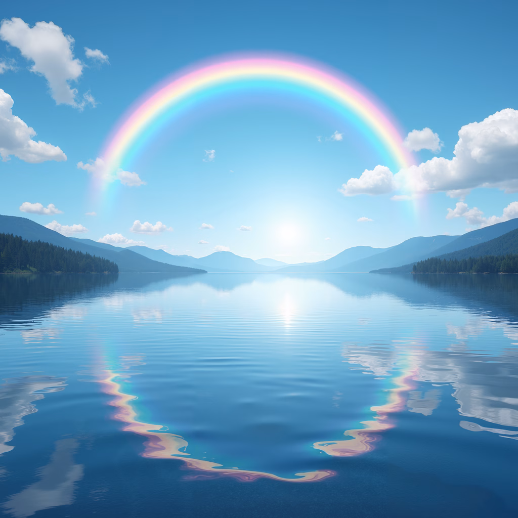 A tranquil lake with a vibrant rainbow reflection under a clear blue sky.