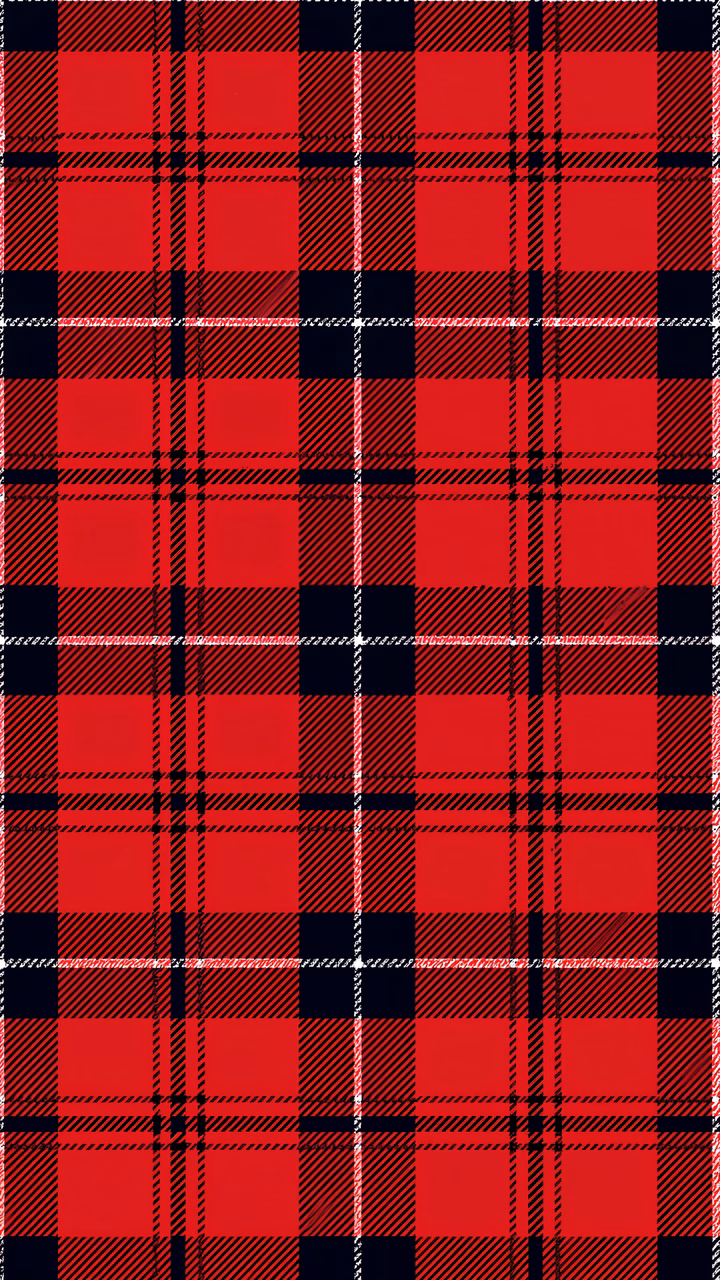 Bold red tartan pattern with black and white stripes, traditional textile design.