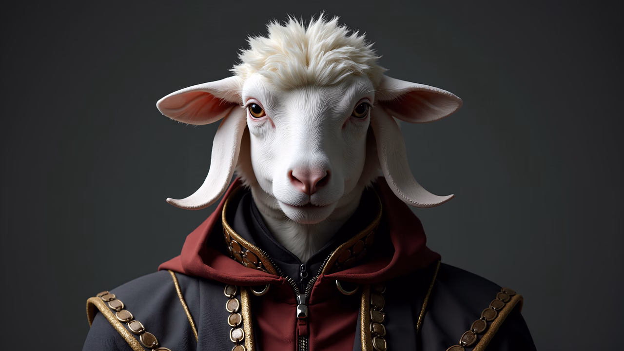 A regal goat in a burgundy cloak with gold details against a muted gray background.