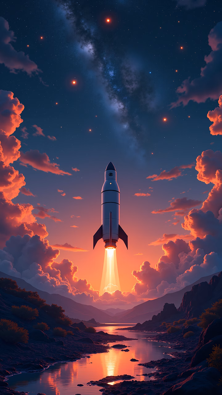 A rocket takes off into the night sky, set against a stunning sunset and mountainous landscape.