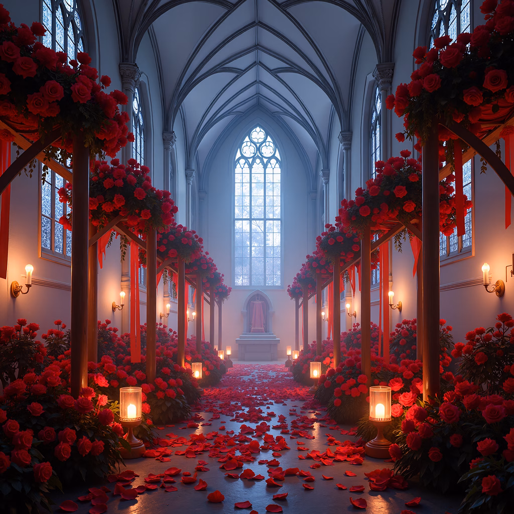 Romantic church interior with red roses and candles