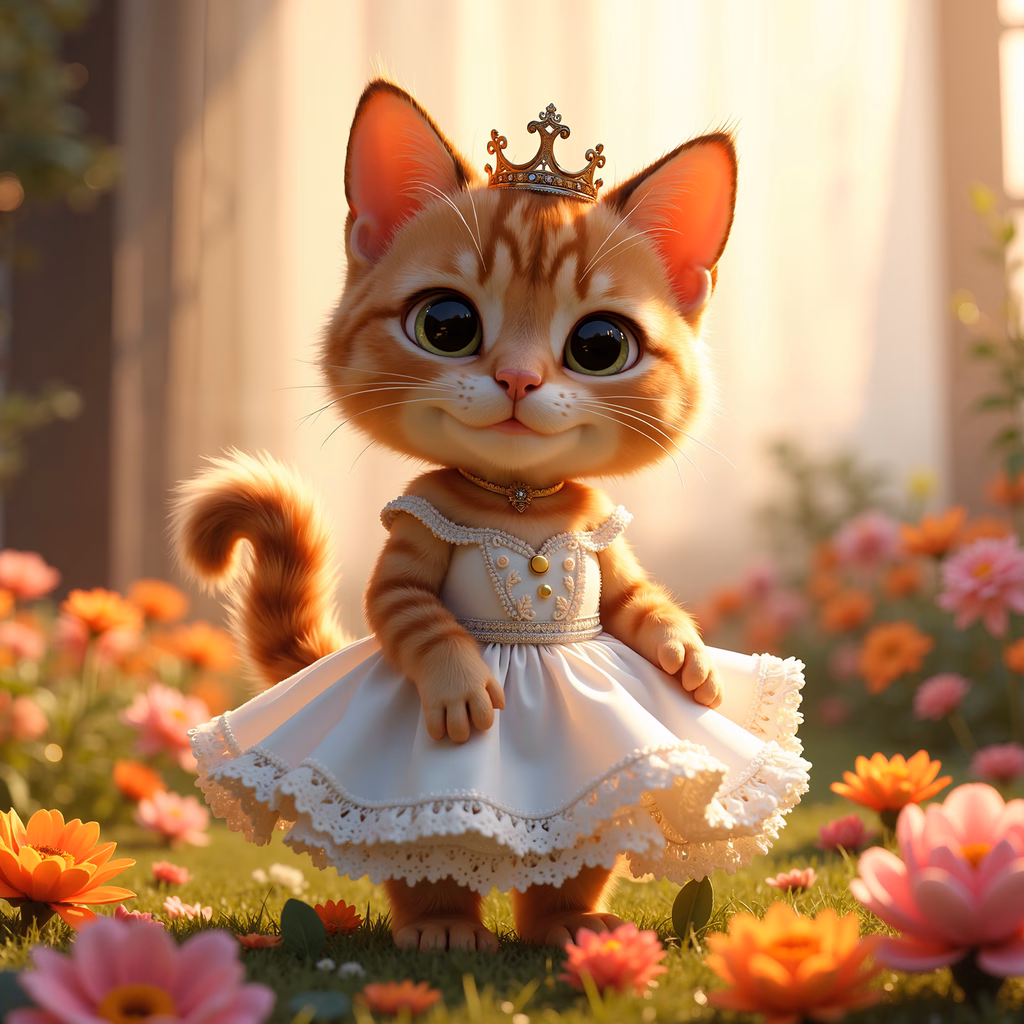 A cute royal kitten in a white dress surrounded by colorful flowers, evoking a sense of whimsy and elegance.