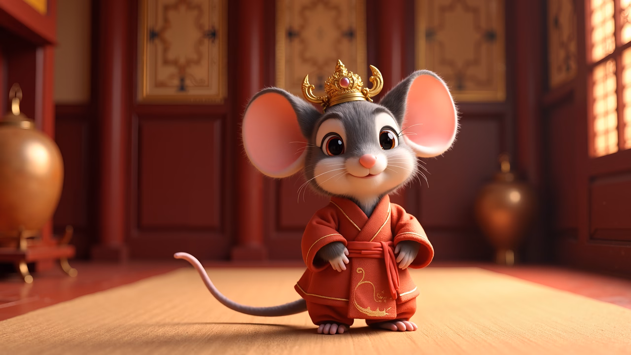 A cute mouse in a royal red kimono, standing proudly in a luxurious setting.